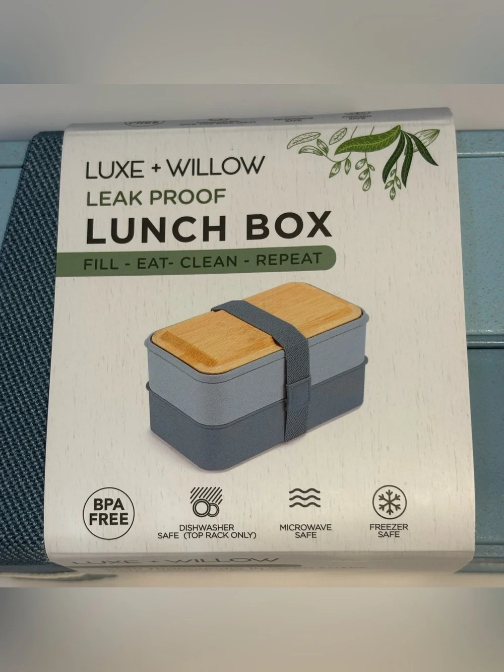 NWT Bento Box Nesting Lunch Box 2 Tier Leak Proof Cutlery Blue Bamboo Lid
